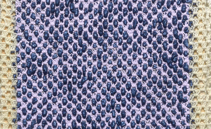 Angela Teng, Indigo Through Violet, 2018, oil through crocheted, linen, 16 x 12 po. Permission Equinox Gallery