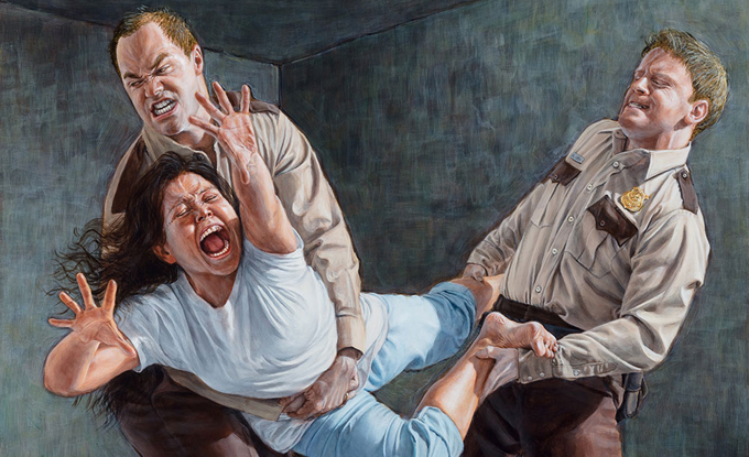 Kent Monkman, Study for Two Figures Restraining a Third, 2018, acrylique sur toile, 40.5 x 51 cm